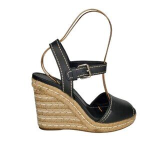Prada Leather Peep Toe Espadrille Wedge Sandals